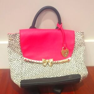 Betsey Johnson Stylish Hot Pink, Black & White Bow Backpack Bag With Gold Bow